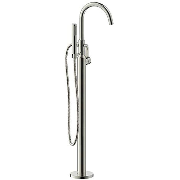 Ultra Faucets Euro Collection Single Handle Floor Mount Bathtub Faucet With Hand Shower - Brushed Nickel Freestanding Soaking Tub Filler - 7 GPM Spout Flow Rate, Rough-in Valve Included