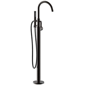 Ultra Faucets Euro Collection Single Handle Floor Mount Bathtub Faucet With Hand Shower - Oil Rubbed Bronze Freestanding Soaking Tub Filler - 7 GPM Spout Flow Rate, Rough-in Valve Included