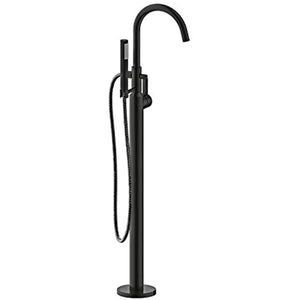 Ultra Faucets Euro Collection Single Handle Floor Mount Bathtub Faucet With Hand Shower - Matte Black Freestanding Soaking Tub Filler - 7 GPM Spout Flow Rate, Rough-in Valve Included