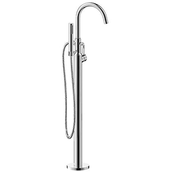 Ultra Faucets Euro Collection Single Handle Floor Mount Bathtub Faucet With Hand Shower - Chrome Freestanding Soaking Tub Filler - 7 GPM Spout Flow Rate, Rough-in Valve Included